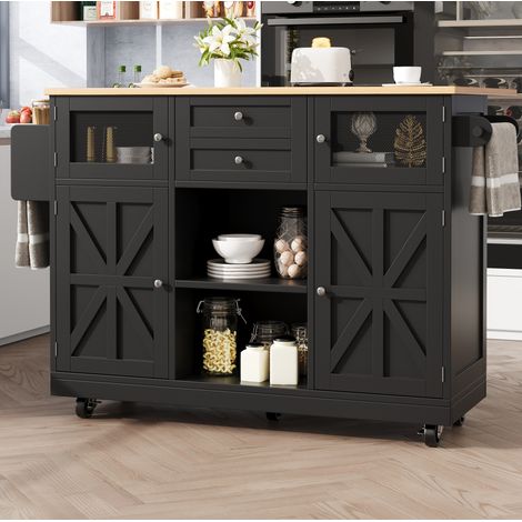 Isola centrale cucina con piano ribaltabile, ruote, 2 cassetti, nero DESVIAE (1/5)