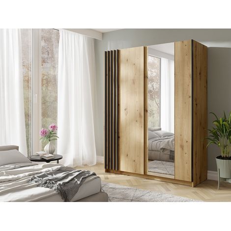 Armoire 2 portes coulissantes - Avec miroir - L150 cm – Coloris : Naturel et noir - CALELA (1/4)