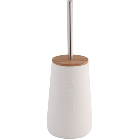 Ensemble WC Support de Brosse de Toilette Autoportant en Dolomite avec Brosse en Inox et Bambou, env. 11,5 cm, Hauteur env. 35 cm, Blanc/Bois (1/4)