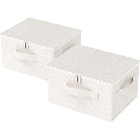 2x Boîte de rangement, tissu lin, fermeture à glissière, poignée, empilable, pour vêtements literie