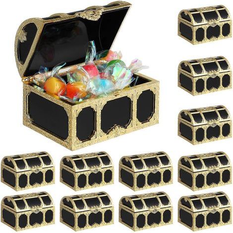Set aus 12 dekorativen Schatztruhen im Piratenstil im Vintage-Stil, ideal als Hochzeitsgeschenk oder zur Aufbewahrung von Süßigkeiten. – 7,50 x 5,40 x 5,00 cm – Gold (1/4)