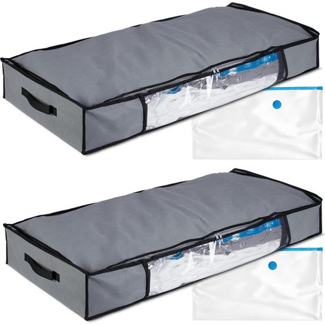 Sacs de rangement sous vide, lot de 2, HxLxP : 15x100x45 cm, vêtements, linge de lit, housses sous vide, gris (1/5)