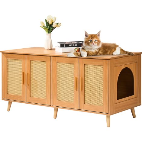 VEVOR Cat Litter Box Enclosure for 2 Cats, Litter Box Furniture Hidden with Rattan Decorated Doors, Wooden Cat Box Cabinet Fit Most of Litter Box, 47.2"L x 19.7"W x 21.7"H, Natural (1/5)