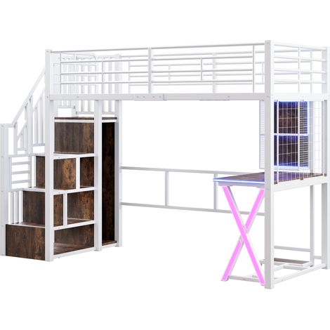 Cama alta 90 x 200 cm de metal y MDF con LED, escritorio, armario, estanterías, blanca (1/5)
