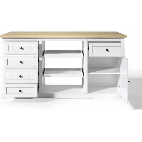 Buffet - Armoire-bar - Plaque rabattable - Prises intégrées - Blanc - 150×65×75 cm (1/5)