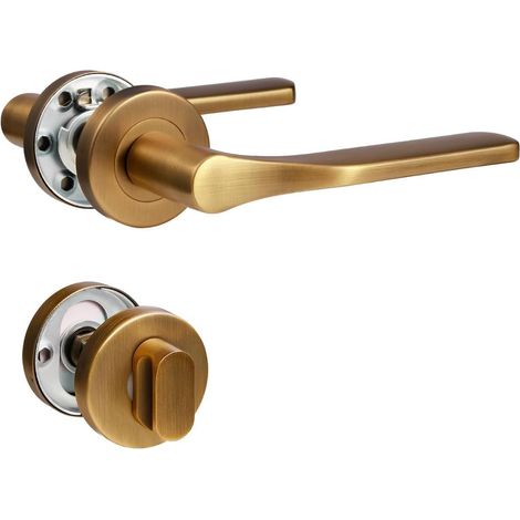 1 Paire - Poignée de porte - Garniture de poignée - Acier inoxydable brossé mat et laiton antique pour porte intérieure et WC Forme en L avec rosace ronde Argenté 8x8cm