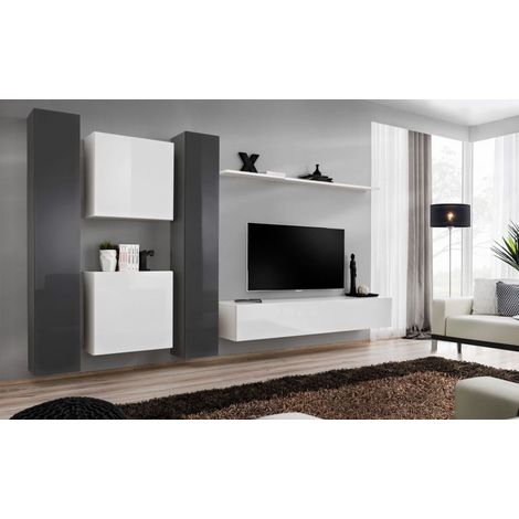 Ensemble mural - Switch VI - 2 vitrines verticales - 1 vitrine carrée - 1 banc TV - 1 étagère - Blanc et graphite - Modèle 2 - Livraison gratuite