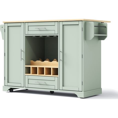 Îlot de cuisine mobile avec plateau rabattable, porte-bouteilles, range-verres et porte-serviettes, vert, 138x45/70x92 cm (1/5)