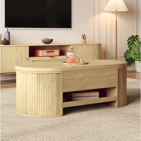 Mesa de centro de MDF natural 110x55,5x40 cm, tablero elevable con almacenaje y estante extraíble (1/5)