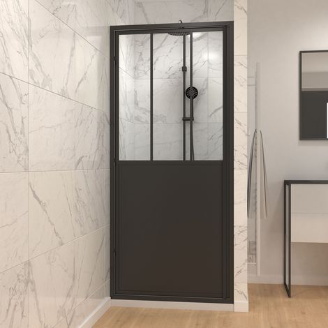 MAMPARA Puerta de Ducha Abatible TIPO TALLER - 80X200CM - PUERTA PIVOTANTE - PERFIL NEGRO MATE- CRISTAL TRANSPARENTE 5MM - WORKSHOP 80 (1/4)