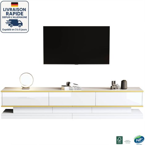 Mueble de TV de 200 cm - Con incrustaciones doradas - 3 cajones - Ideal para una sala de estar de lujo o un dormitorio principal - Superficie brillante fácil de limpiar - Blanco (1/5)