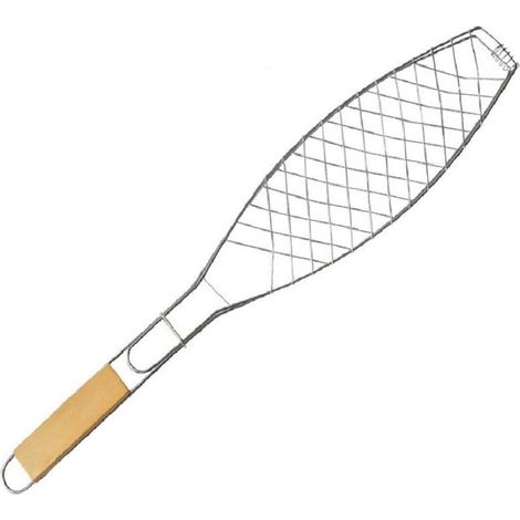 Mit Holzgriff furnierter kleiner Einzelfisch, Grillnetz, speziell für gegrillten Fisch, 57 x 11 cm