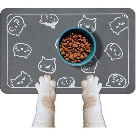 Confezione da 2 tappetini per ciotole per animali domestici, antiscivolo e super assorbenti, con loghi multipli a forma di testa di gatto, 45 x 30 cm, grigio scuro