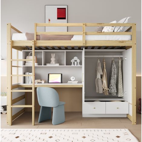 Lit mezzanine 90 x 200 cm avec bureau, armoire et tiroirs, bois naturel et blanc DESVIAE (1/5)