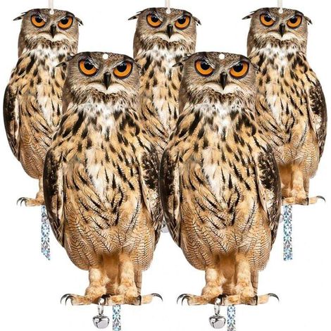 Set of 5 Owl Anti-Pigeon Bird Scarers to Hang Outdoor with Reflective Strip and Bells (1/4)