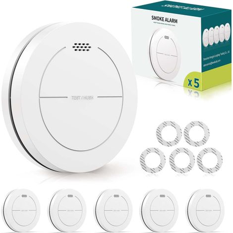 Detecteur de fumée, Batterie de 10 Ans, Pas de LED Clignotante, Fonction silencieuse, avec tampons adhésifs, Son d'alarme de 85 DB, Alarme Incendie Plate,5 Pack (1/5)