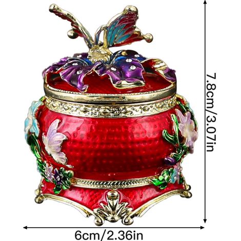 (Rouge) Boîte à bijoux en forme de bonbonnière papillon avec couvercle à charnière, boîte de rangement anti-poussière pour bijoux en or et en argent. (1/2)
