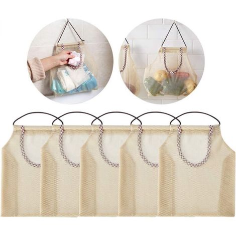 5-piece breathable hanging mesh bag, kitchen storage holder bags for potatoes, onions, garlic, vegetables, fruit