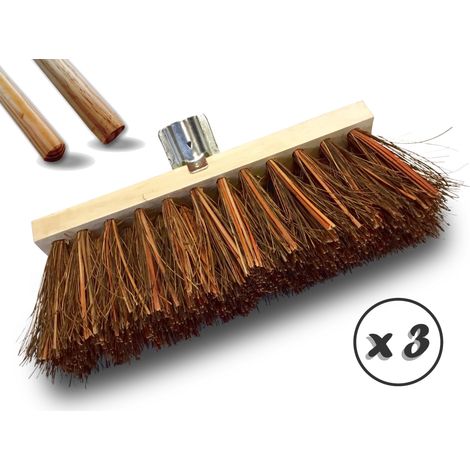 Balai de cantonnier piassava - Spécial goudron et surfaces chaudes - Douille métal boulonnée - Lot de 3 - Avec manche