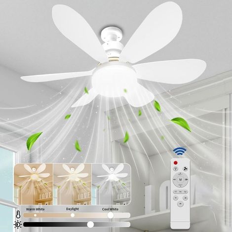 Ventilateur de Plafond avec Lumière et Telmmande, 52CM Petit Dimmable Ventilateur Plafond LED avec Douille E27, 6 Pales, 3 Vitesses,Timing (1/5)
