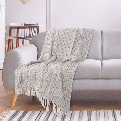 Les Tendances – Plaid ethnique 100% coton pointillé 120 x 150 cm – Motifs uniques écru et noir – Accessoire décoratif et pratique pour intérieur (1/5)