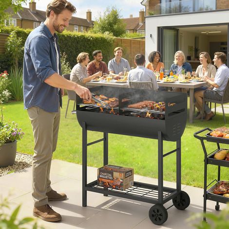 Holzkohlegrillwagen: 2 Zonen, höhenverstellbarer Rost, Holzablage, Räder, Seitengriff, 103×46,5×100cm Barbecue charbon: 2 zones, grille réglable, étagère bois, roues, poignées latérales, 103×46,5×100c