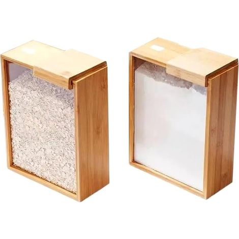 Dispensador de alimentos de bambú de 3 litros, organizador de cocina, dispensador de cereales para almacenamiento en la despensa, juego de 2 (1/5)