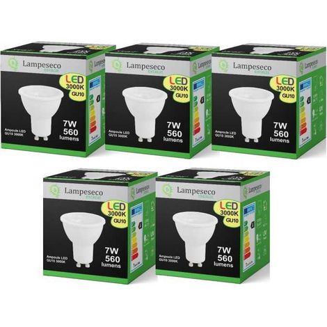 Pack de 5 Ampoules Led GU10 7W 38° Blanc Chaud 3000K eq. 56W Halogène (1/3)