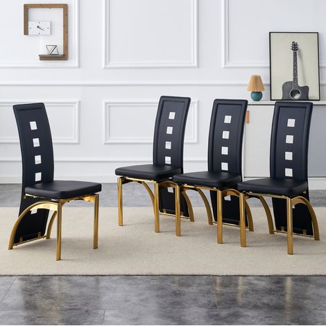 Lote de 4 sillas de comedor con respaldo calado, PU negro y patas doradas, 102,5 cm (1/5)