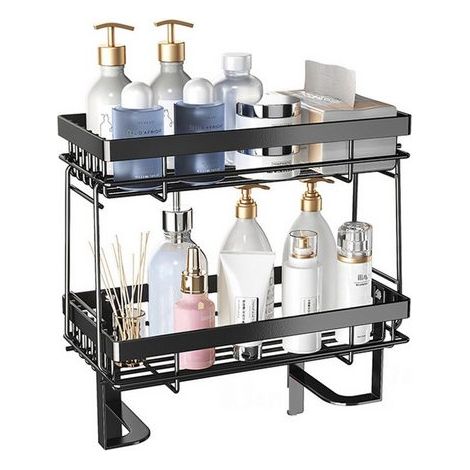 Etagère de Douche, Meuble WC étagère, Accessoires de douche, double couche, Noir, Sans perçage, amovible, KINSI (1/5)