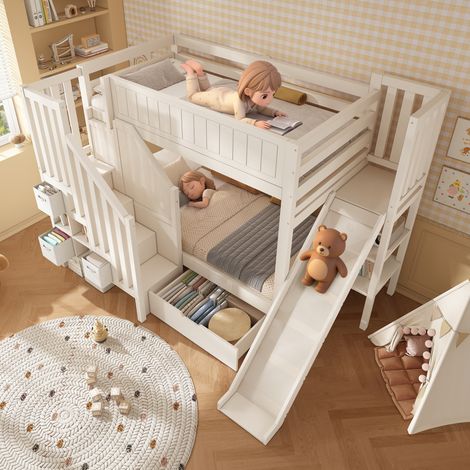 Letto a Castello 90×200 cm e 90×200 cm, Letto 2 Posti con Scivolo, Ripiani e Cassetti, senza Materasso, in Legno, Bianco (1/5)