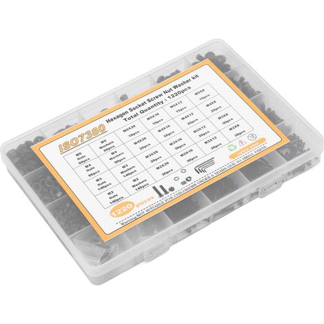 1220-teiliges Set aus M2-, M3-, M4- und M5-Schrauben, Muttern und Unterlegscheiben aus Kohlenstoffstahl mit einer gewölbten Innensechskantschraube. Sortiment an Befestigungsmaterialien. (1/5)