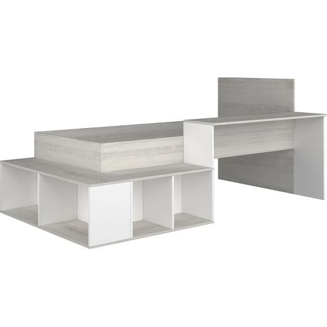 Lit combiné 90 x 200 cm avec rangements et bureau - Coloris : Naturel et Blanc - RIGALI