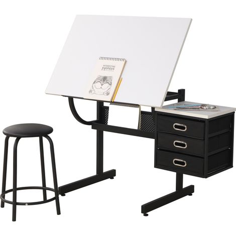 Tavolo da disegno regolabile bianco con sgabello e 3 cassetti portaoggetti HOMVRA (1/5)