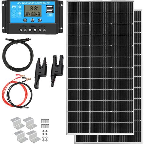 Panneau Solaire 240W:2 Panneaux Solaires Monocristallin 120W 12V + Régulateur de charge 30A + câble de 3m + pinces de fixation Z pour camping-car, caravane, maison (1/5)