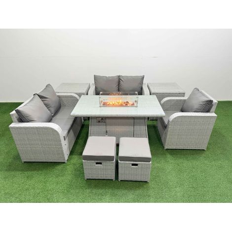Fimous High Back Poly Rattan Garden Furniture Set with Reclining Chair Loveseat Sofa Firepit Dining Table Indoor Outdoor Patio Set 2 Stool 2 Side Table Light Grey (1/4)