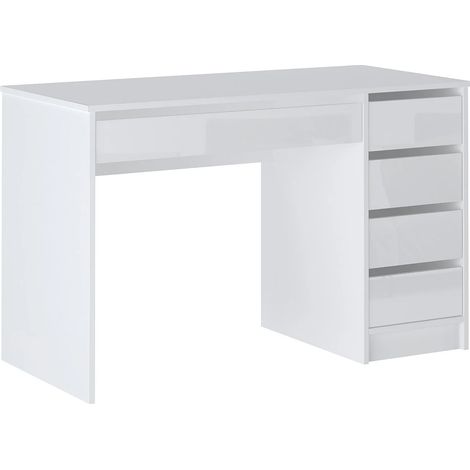Vente-Unique – Bureau droit 5 tiroirs blanc brillant – Panneau de particule mélaminé – Dimensions 120x76x55 cm – Éco-responsable, fabriqué en Europe