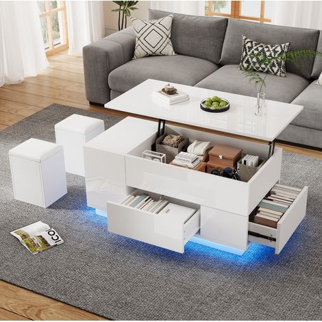 Couchtisch aus Spanplatte Weiß 100 x 50 cm höhenverstellbar mit LED, 2 Schubladen und 2 Hockern (1/5)