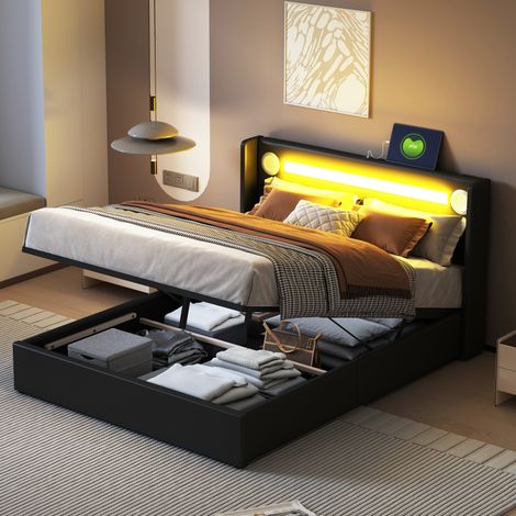 Bett mit Stauraum 140x200 cm aus PU-Leder Schwarz, Polsterbett mit LED, Bluetooth, USB und Lattenrost