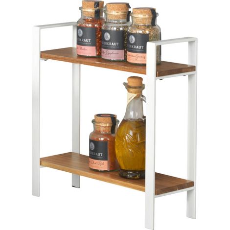 Étagère à épices 2 niveaux en bois d'acacia et métal blanc – Dimensions 32 x 33 x 11 cm – Pieds antidérapants pour stabilité