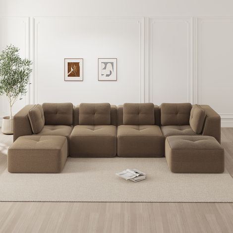 Sofá de esquina modular en U con otomana, 386 x 177 x 69 cm, terciopelo acanalado marrón DESVIAE (1/5)