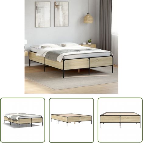 The Living Store Bettgestell Sonoma-Eiche 135x190 cm Holzwerkstoff und Metall - Holzbettwäsche - Lattenrost - Doppelbett - Boxspringbett - Bettkasten (1/5)