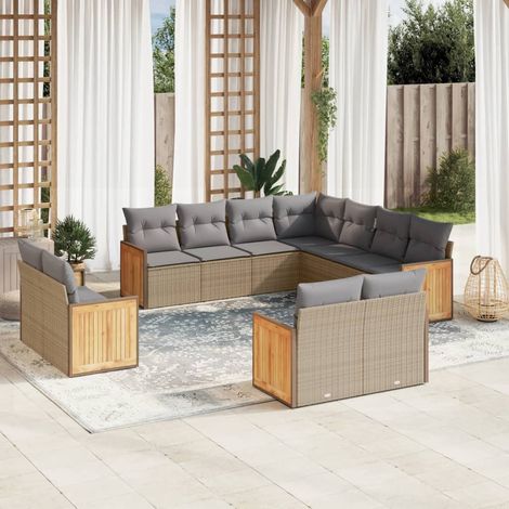 Canapé d'extérieur  Salon de jardin modulaire 11 pièces en résine tressée beige avec coussins gris et rangement intégré (1/3)