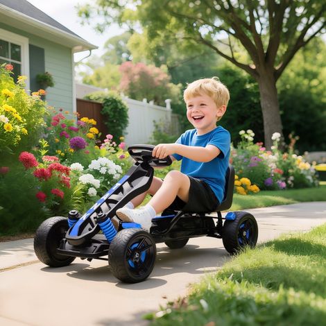 Voiture à pédales enfant avec frein, châssis en métal robuste, roues antidérapantes, kart à pédales bleu pour 3-6 ans