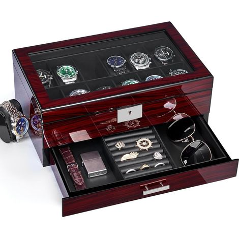 Uhrenbox für Herren, 12 Fächer, 2-stufig, mit Glasdeckel, abschließbar (1/5)