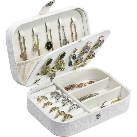 Boîte à bijoux de voyage, petit organisateur de bijoux en cuir PU pour femmes et filles, mini étui de voyage portable avec présentoir et boîte de rangement (blanc pailleté) (1/5)
