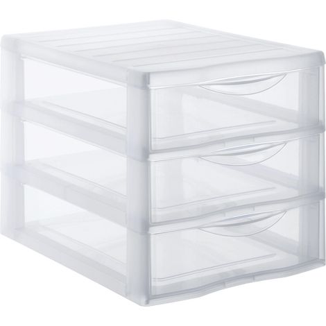 Tour de Rangement Format A4 3 tiroirs avec Poignée ergonomique Système d'Arrêt à l'Ouverture, Plastique, Transparent (1/2)