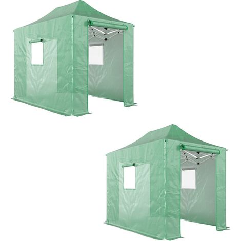 2er-Set pop Up Gewächshaus ca. 200x300x270 cm Faltbar Foliengewächshaus mit Satteldach Reißverschlusstüren und -fenstern