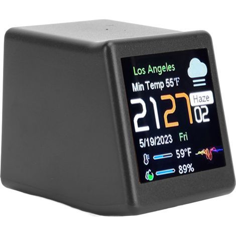 Electronic desk clock with LCD digital display, calendar, temperature and weather forecast, Wi-Fi compatible, black. (1/5)