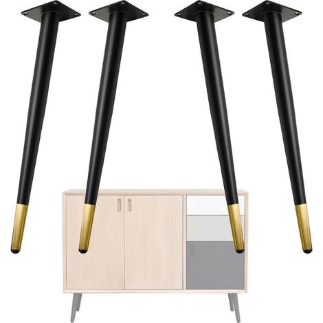 Quatre pieds de meubles robustes en métal de 71 cm (28 pouces), noirs et dorés, avec pieds de nivellement réglables, adaptés aux tables. (1/5)